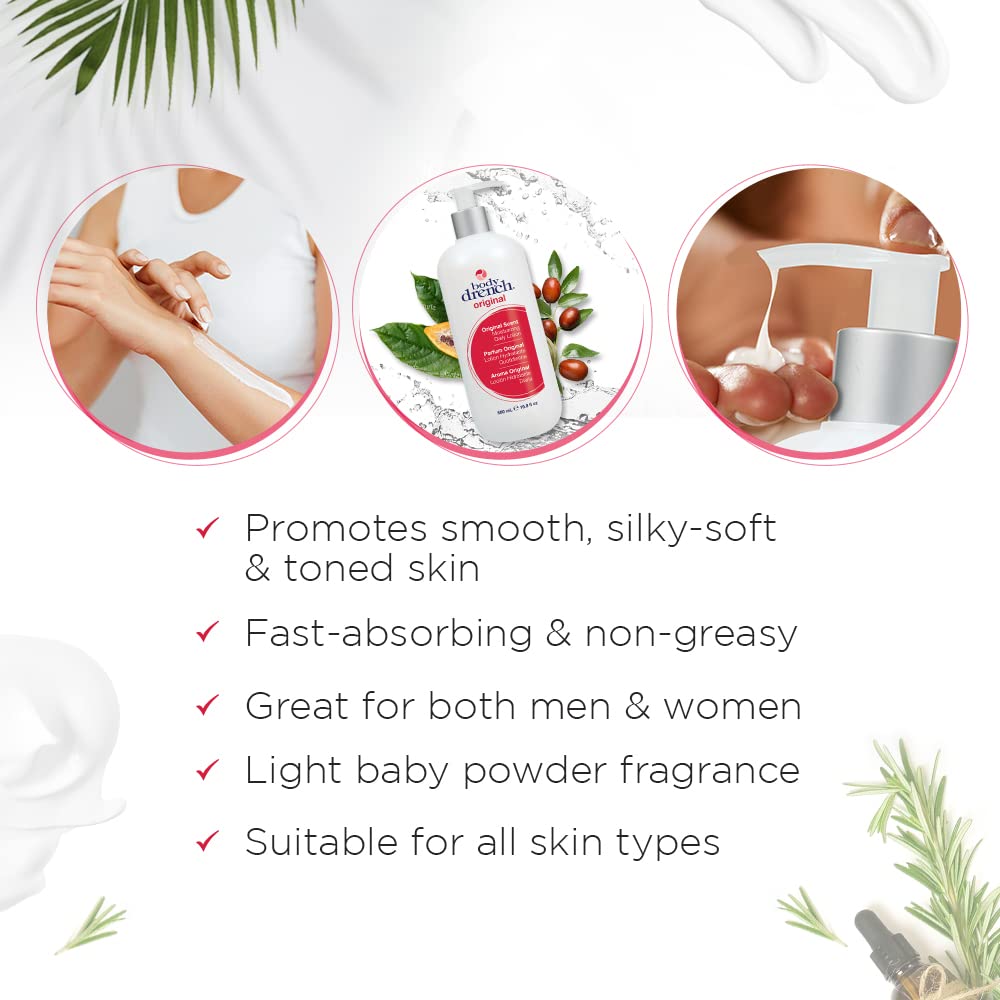 Applying Body Drench after shower to skin demonstrating quick absorption and softness
