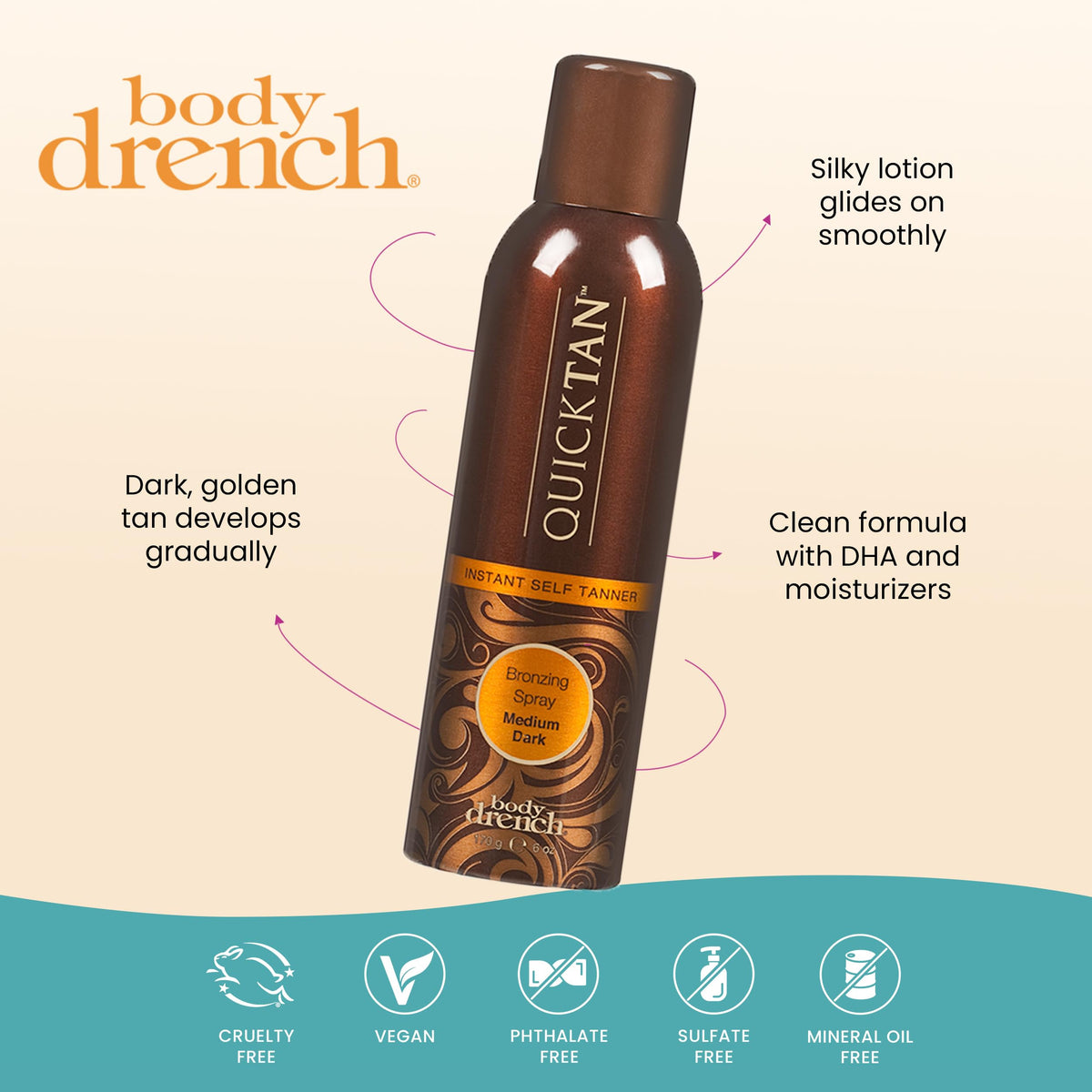 Body Drench being sprayed on leg showing quick-dry, streak-free benefit