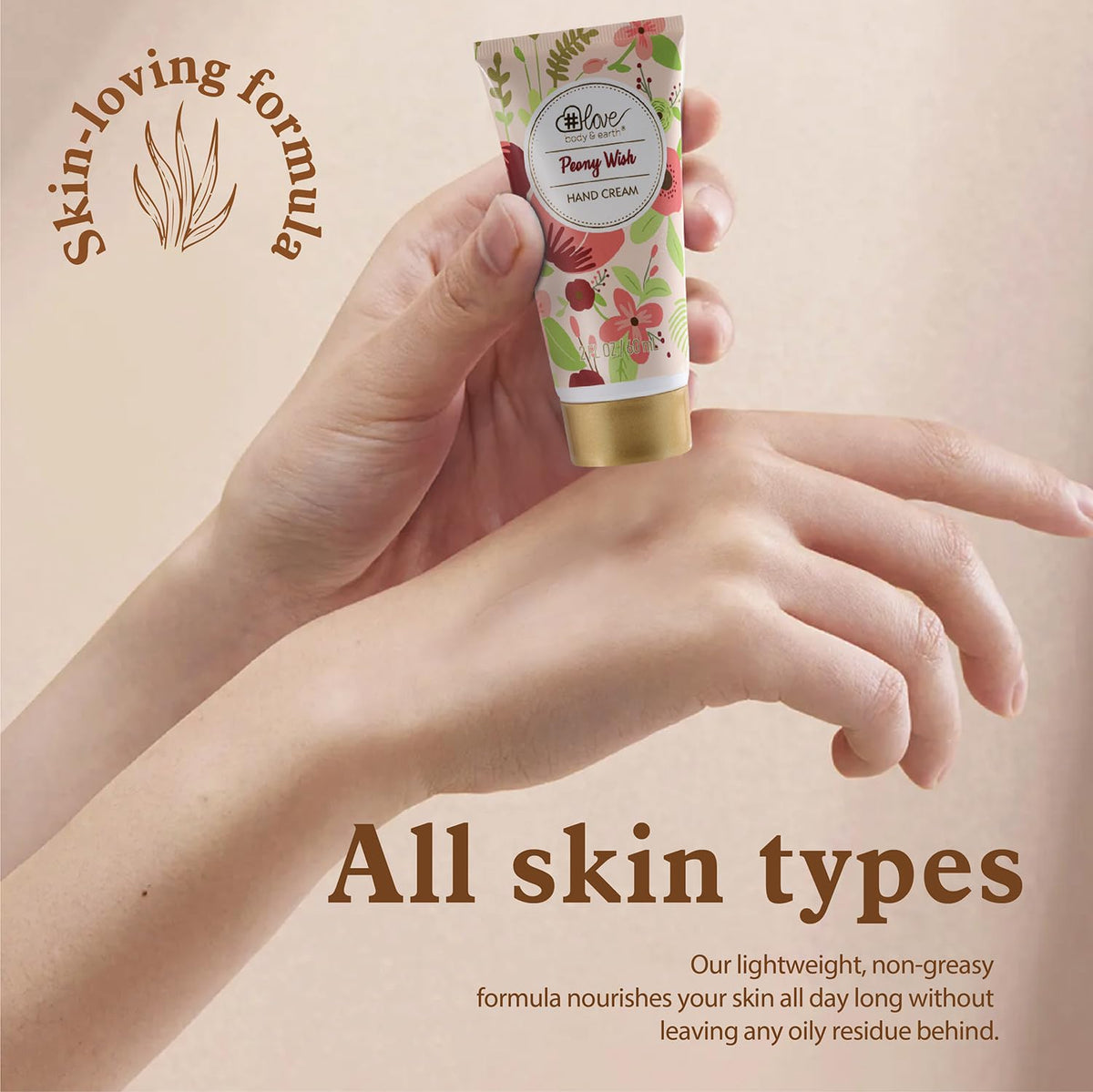 BODY & EARTH # LOVE foot cream being dispensed highlighting rich hydration for tired feet