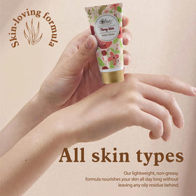 BODY & EARTH # LOVE foot cream being dispensed highlighting rich hydration for tired feet