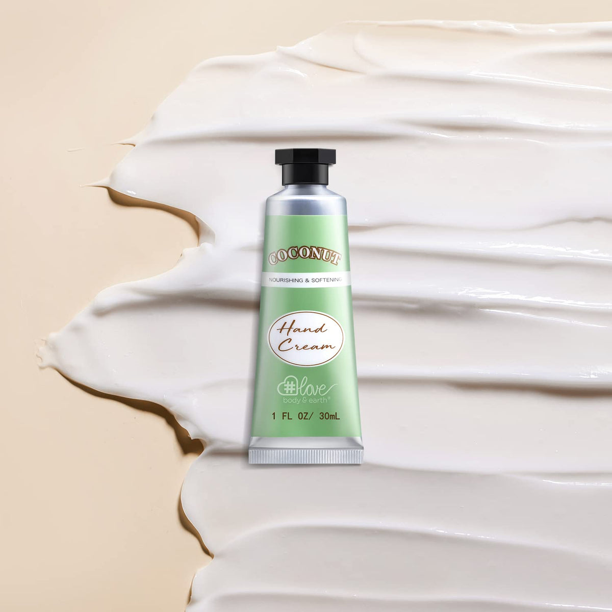 BODY & EARTH # LOVE cream being smoothed on hands showing non-greasy finish benefit: quick absorption