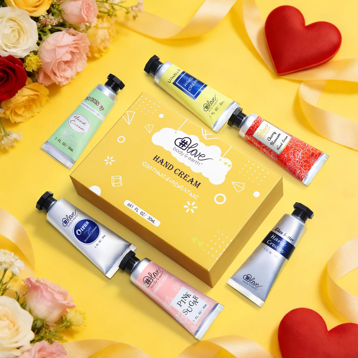 BODY & EARTH # LOVE set in a gift box on a table lifestyle scene benefit: ready-to-gift presentation