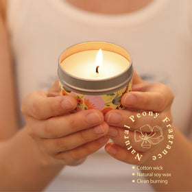 BODY & EARTH # LOVE scented candle burning to create relaxing peony aroma and ambiance