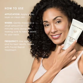 BODY FIRM applying scrub to face and neck to prep skin and improve product absorption