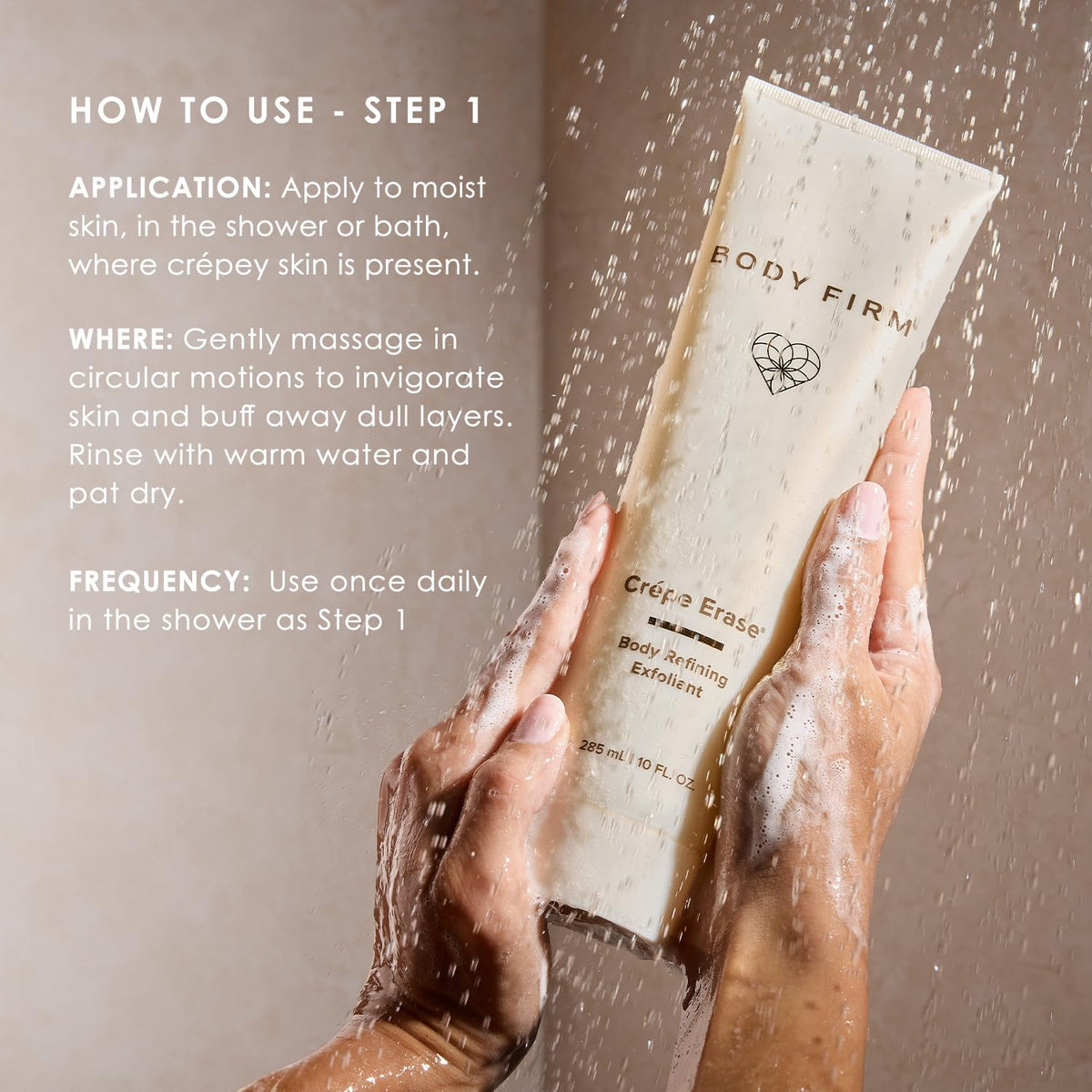 BODY FIRM pump dispensing product into hand for easy controlled application