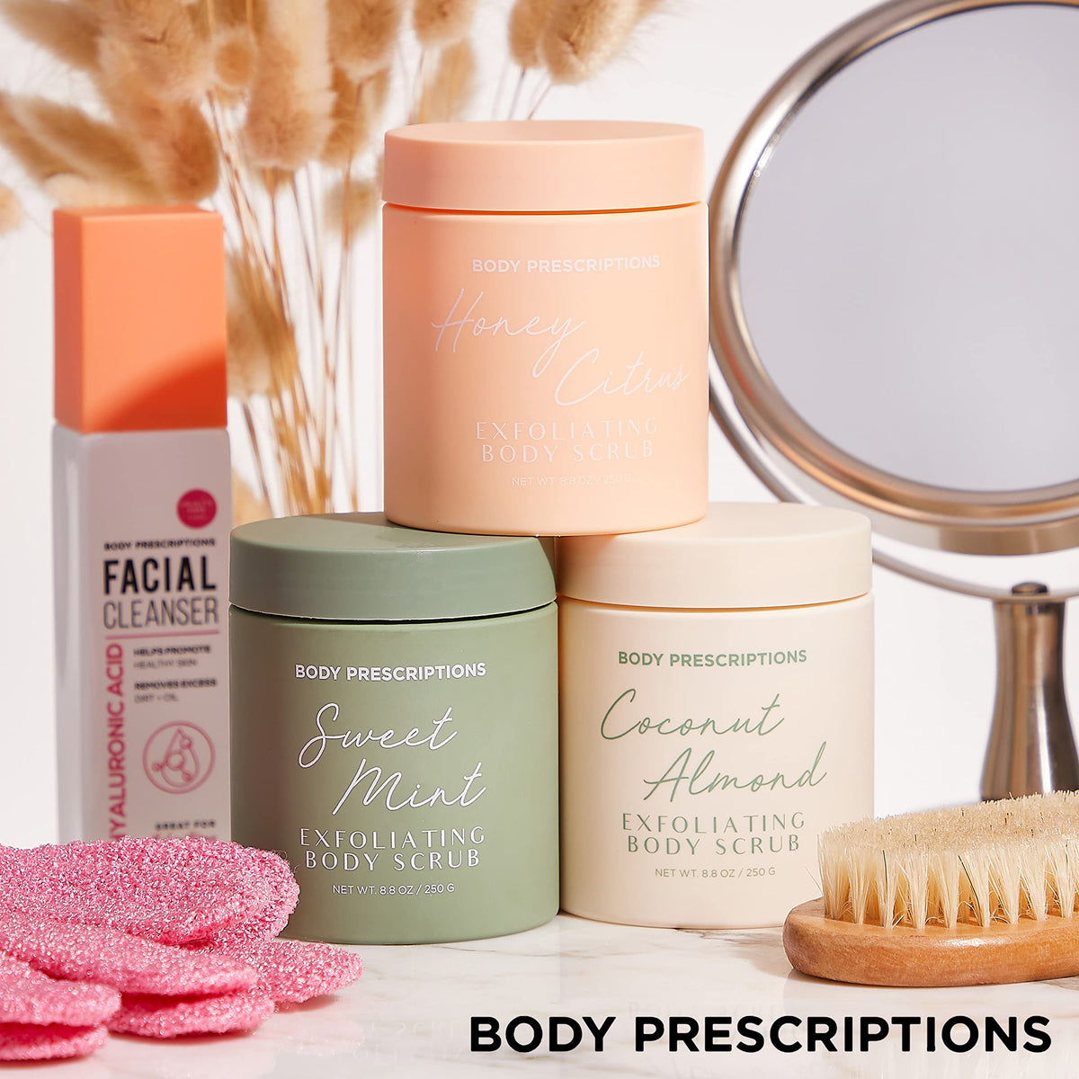 Body Prescriptions scrub staged in shower setting showing relaxing self-care benefit