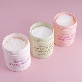 Body Prescriptions scrub close-up texture revealing exfoliating grains and creamy base benefit