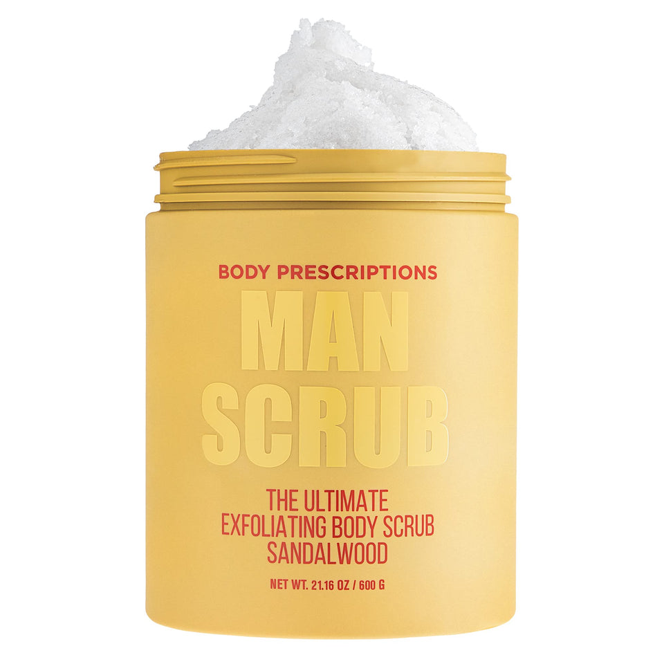Body Prescriptions jar front label showing sandalwood scent and clear benefit