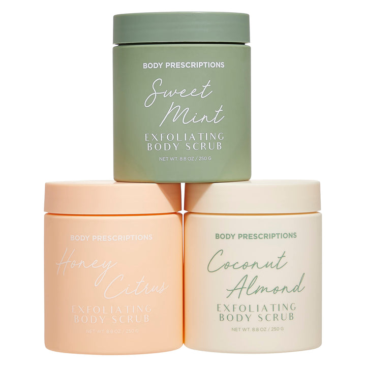 Body Prescriptions front view of three scented scrub jars showing variety and appeal