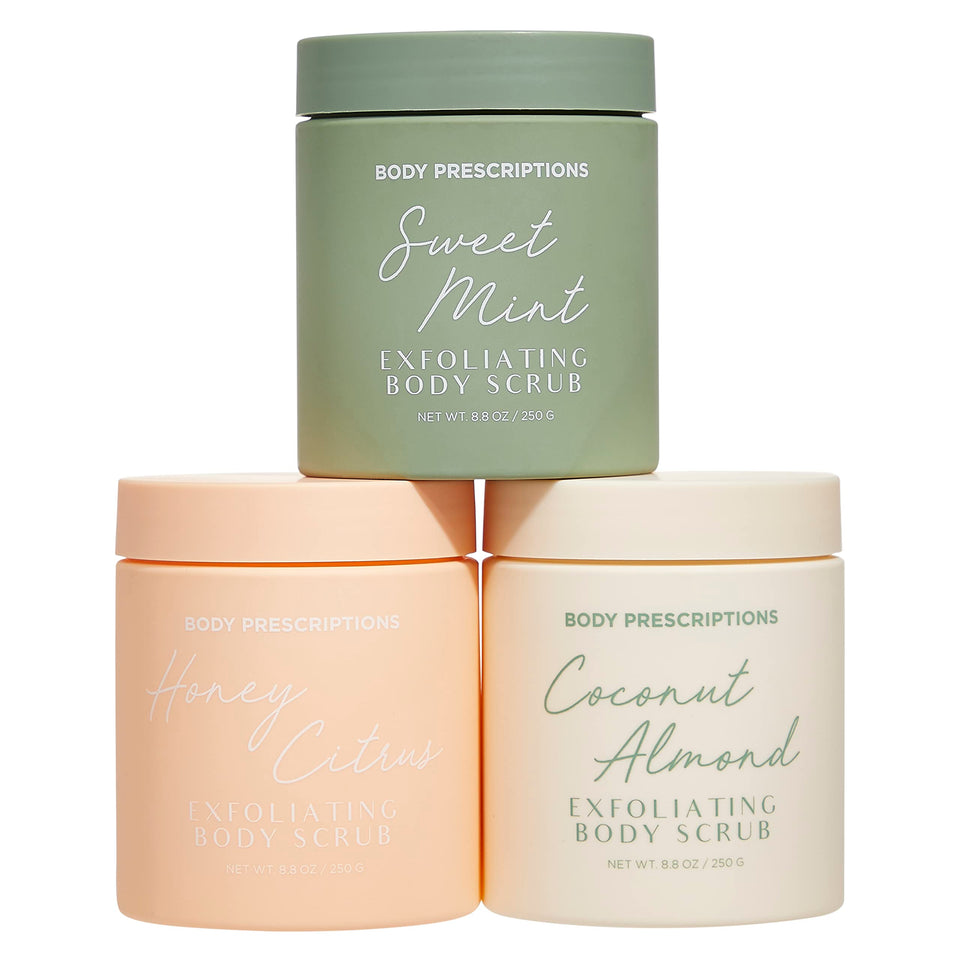 Body Prescriptions front view of three scented scrub jars showing variety and appeal