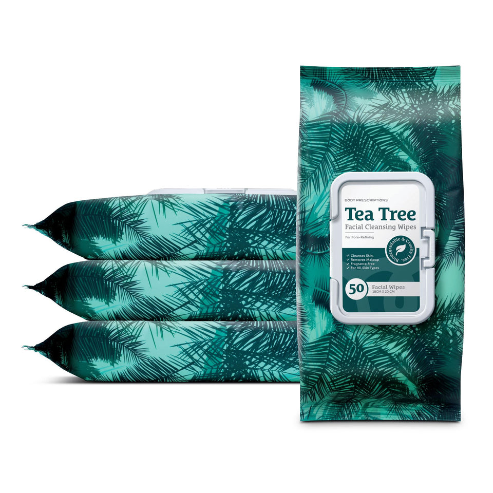 Body Prescriptions front packaging showing tea-tree wipes for convenient cleansing