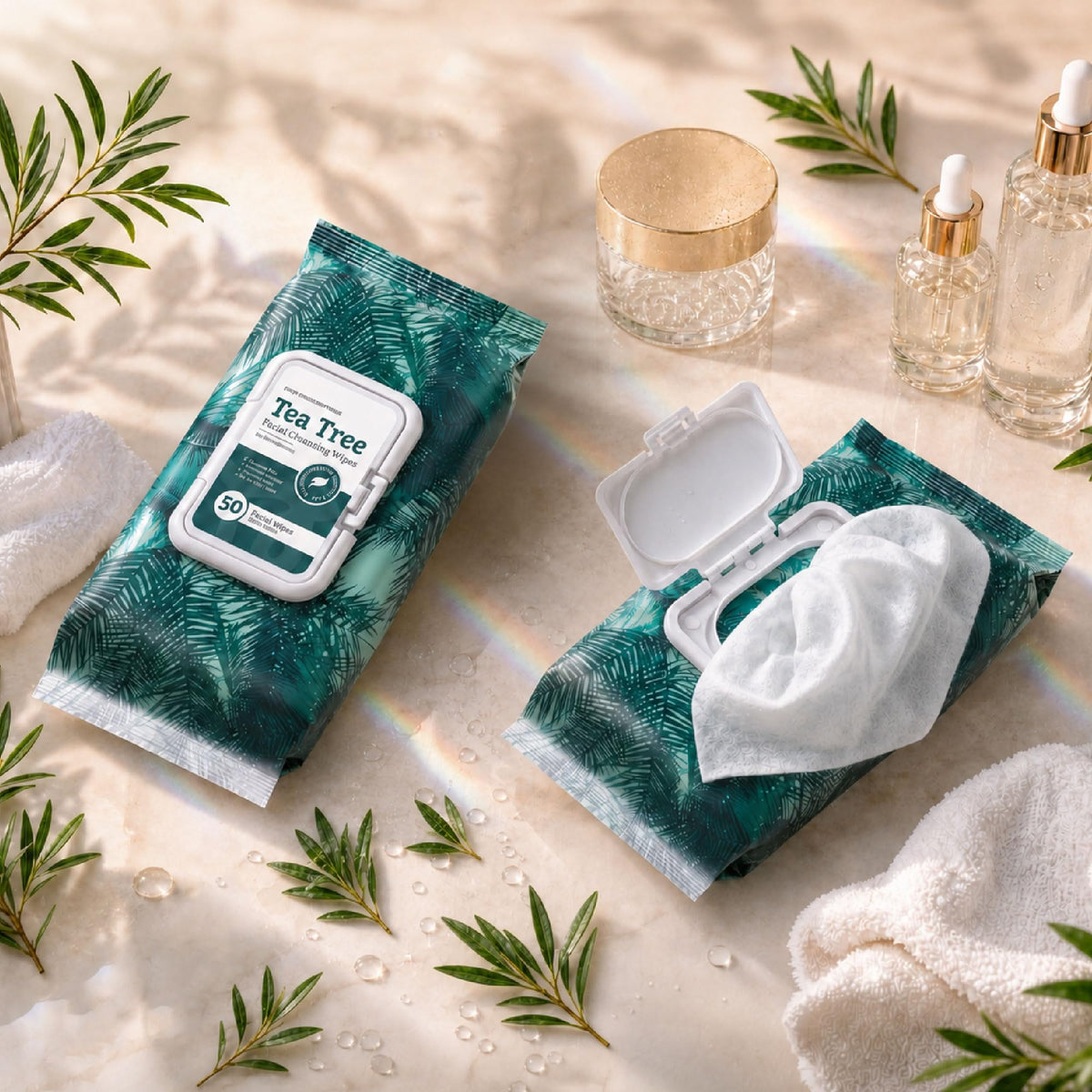 Body Prescriptions tea-tree leaves and wipe emphasizing natural ingredient for a clean finish