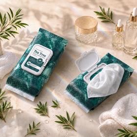 Body Prescriptions tea-tree leaves and wipe emphasizing natural ingredient for a clean finish