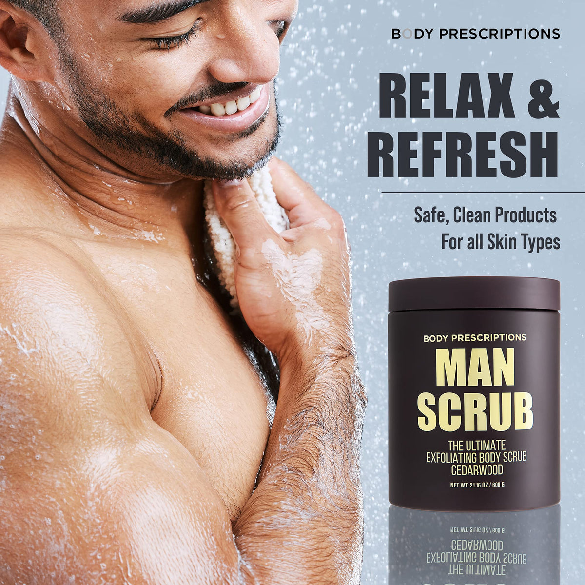 Body Prescriptions twist-top lid detail illustrating easy-open jar for convenient shower access