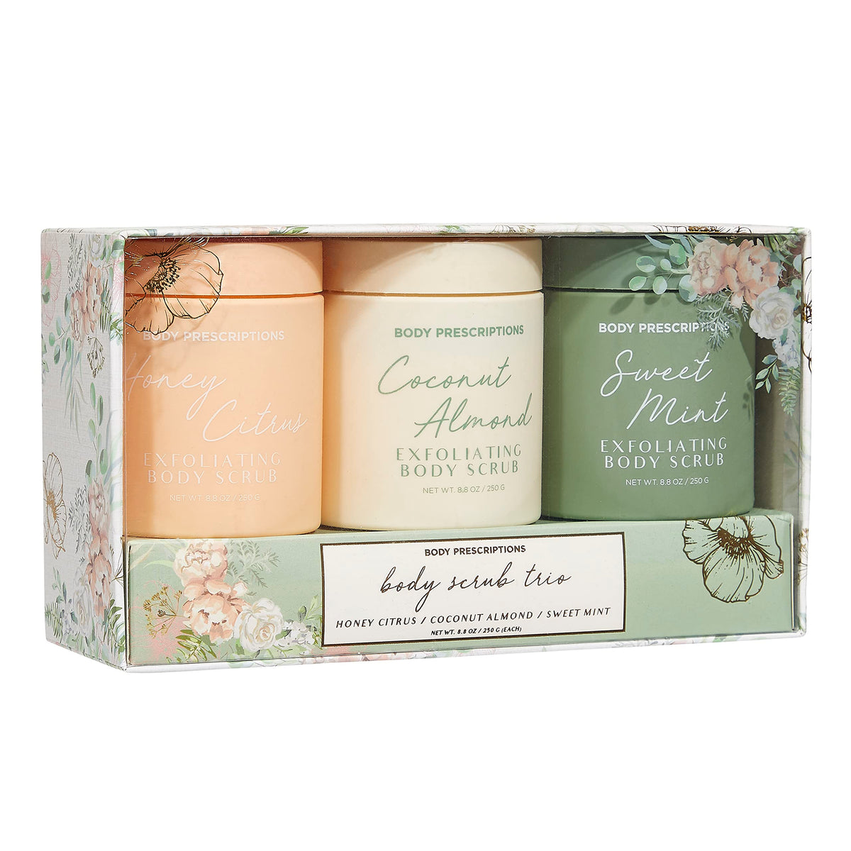 Body Prescriptions open jar top showing creamy scrub texture for gentle exfoliation