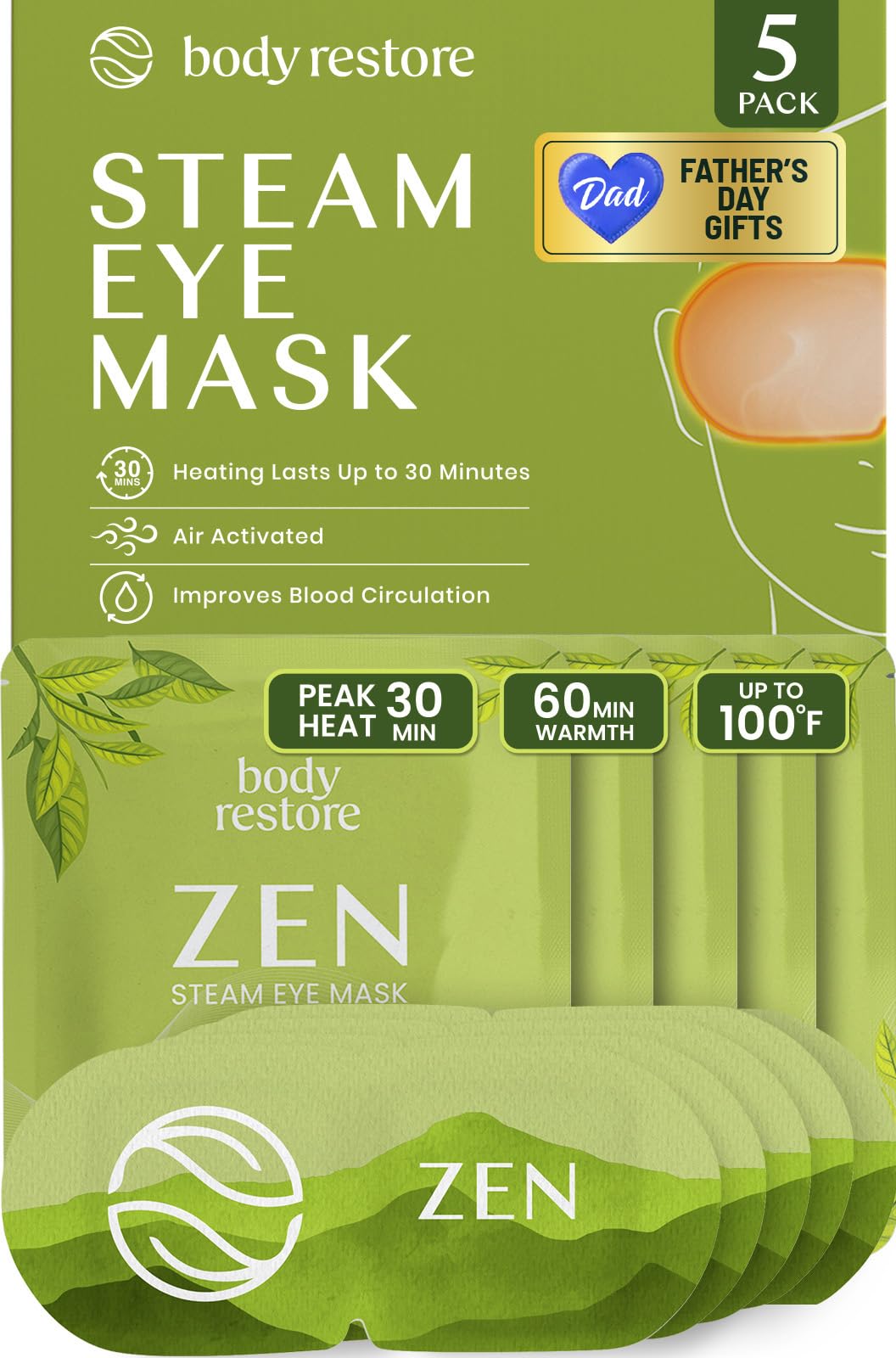 Body Restore front packaging showing five green tea steam eye masks and gift-ready box