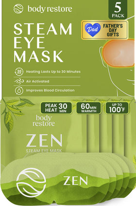 Body Restore front packaging showing five green tea steam eye masks and gift-ready box