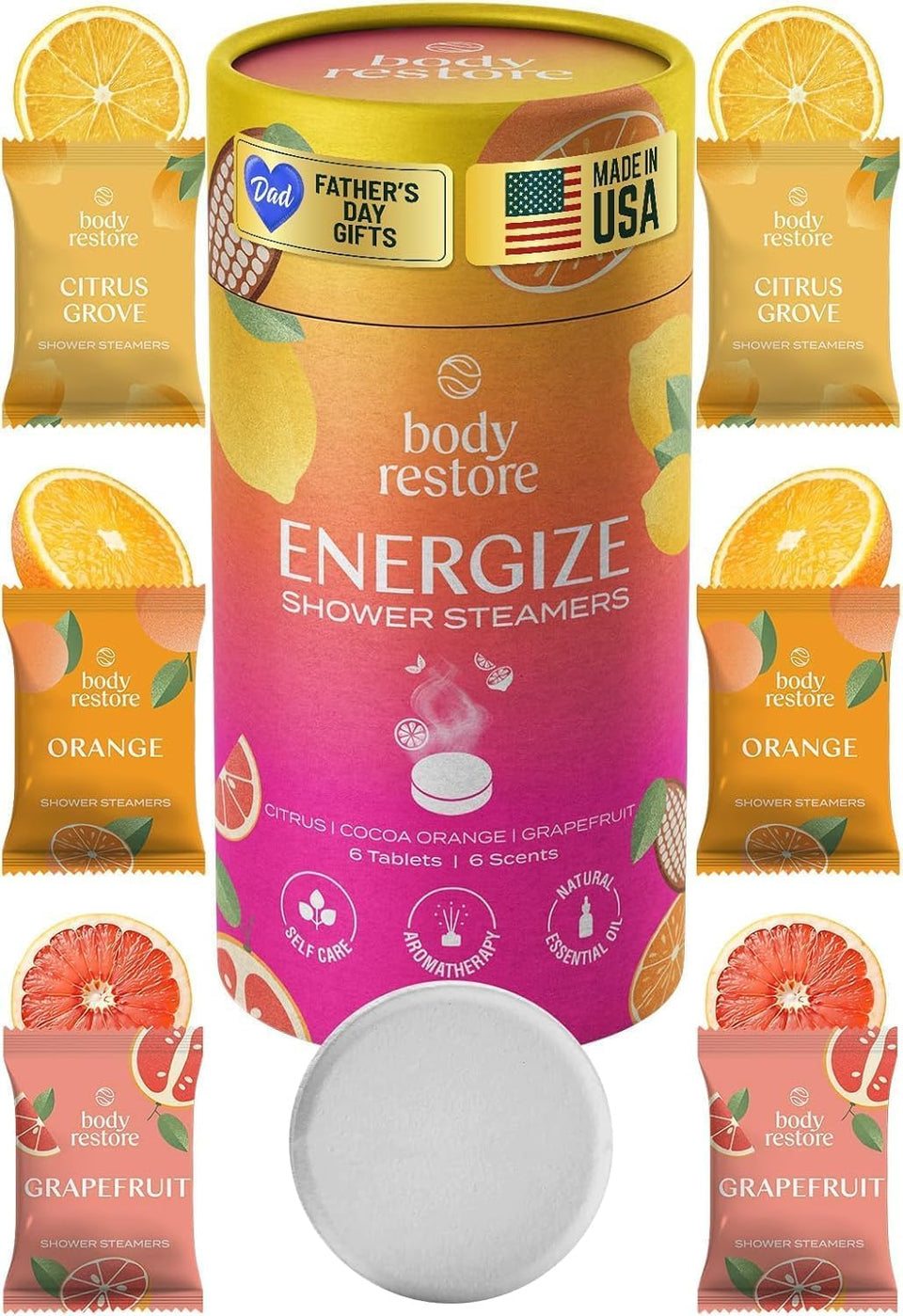 Body Restore front packaging showing six citrus steamers and gift-ready presentation