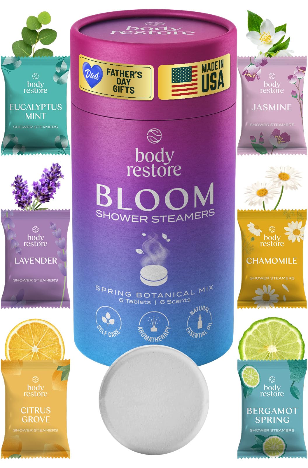 Body Restore front packaging showing gift-ready box and six steamers promoting at-home spa