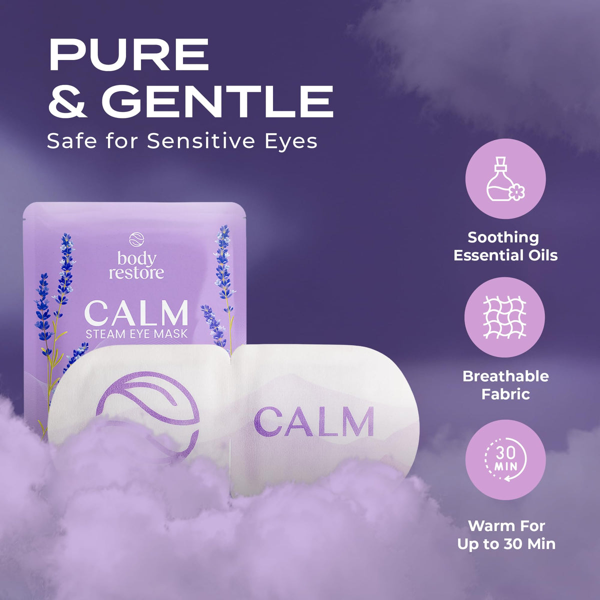 Body Restore mask worn by person relaxing to reduce eye strain