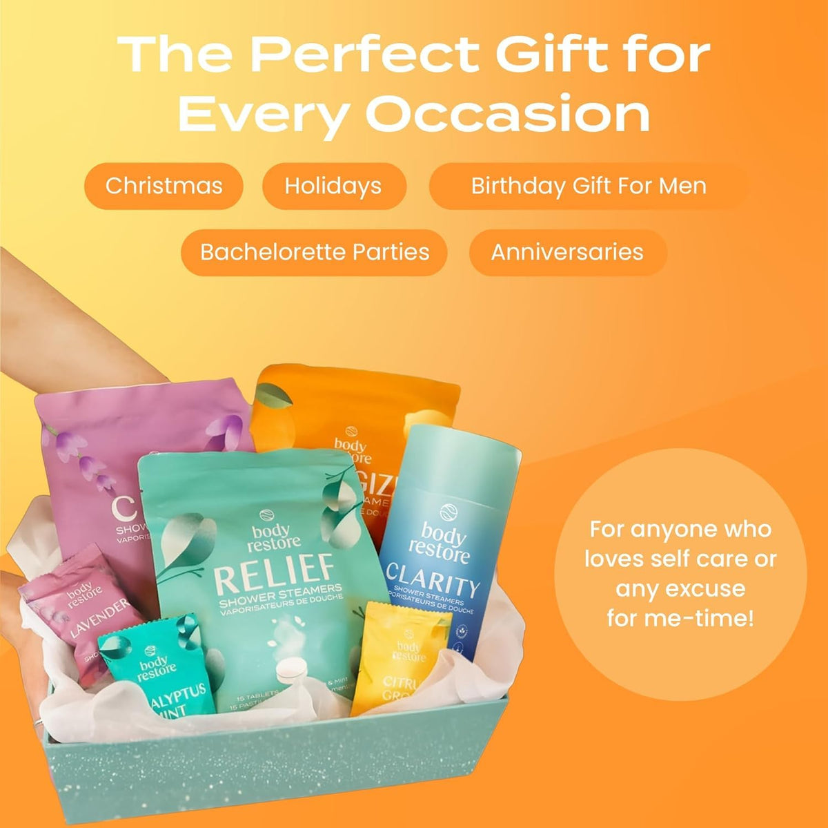 Body Restore tablets beside towel showing easy self-care gifting benefit