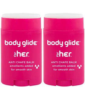 BodyGlide For Her front packaging showing compact chafe stick and benefits