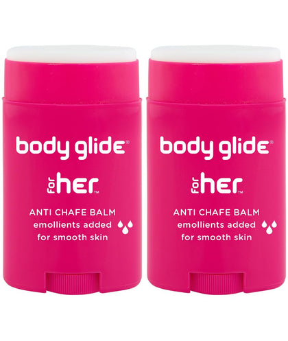 BodyGlide For Her front packaging showing compact chafe stick and benefits