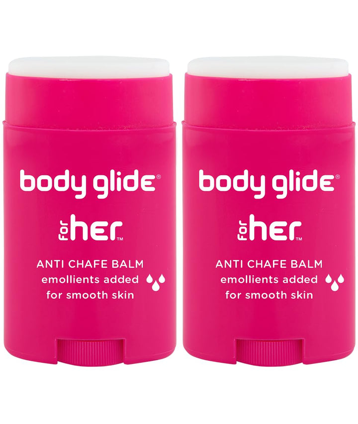 BodyGlide For Her front packaging showing compact chafe stick and benefits