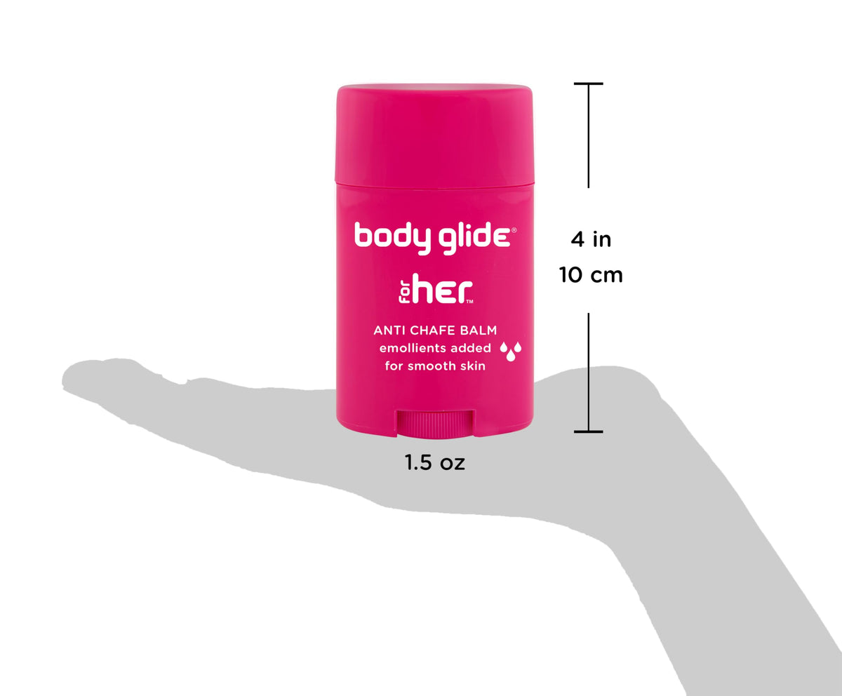 Close-up of BodyGlide For Her texture highlighting smooth, non-greasy glide benefit