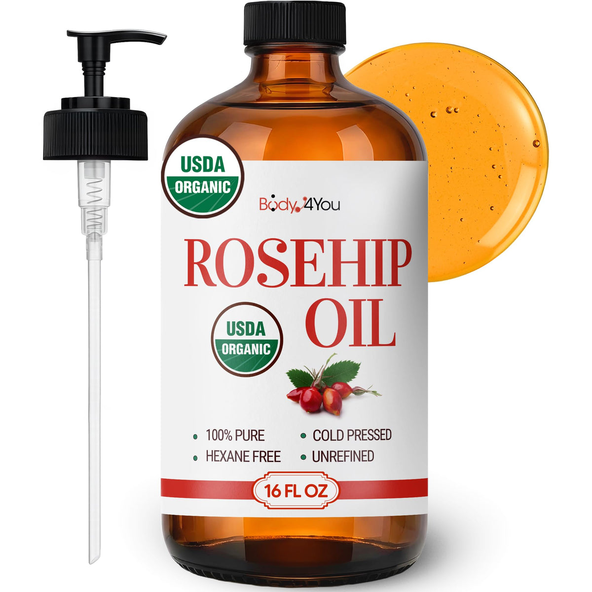 BodyJ4You front glass bottle showing organic rosehip oil and clean packaging benefit