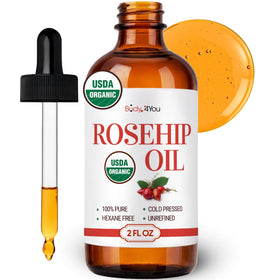 BodyJ4You front glass bottle showing organic rosehip oil and label benefits