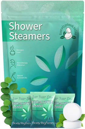 BodyRefresh front packaging of 18 eucalyptus mint steamers showing quantity and scent
