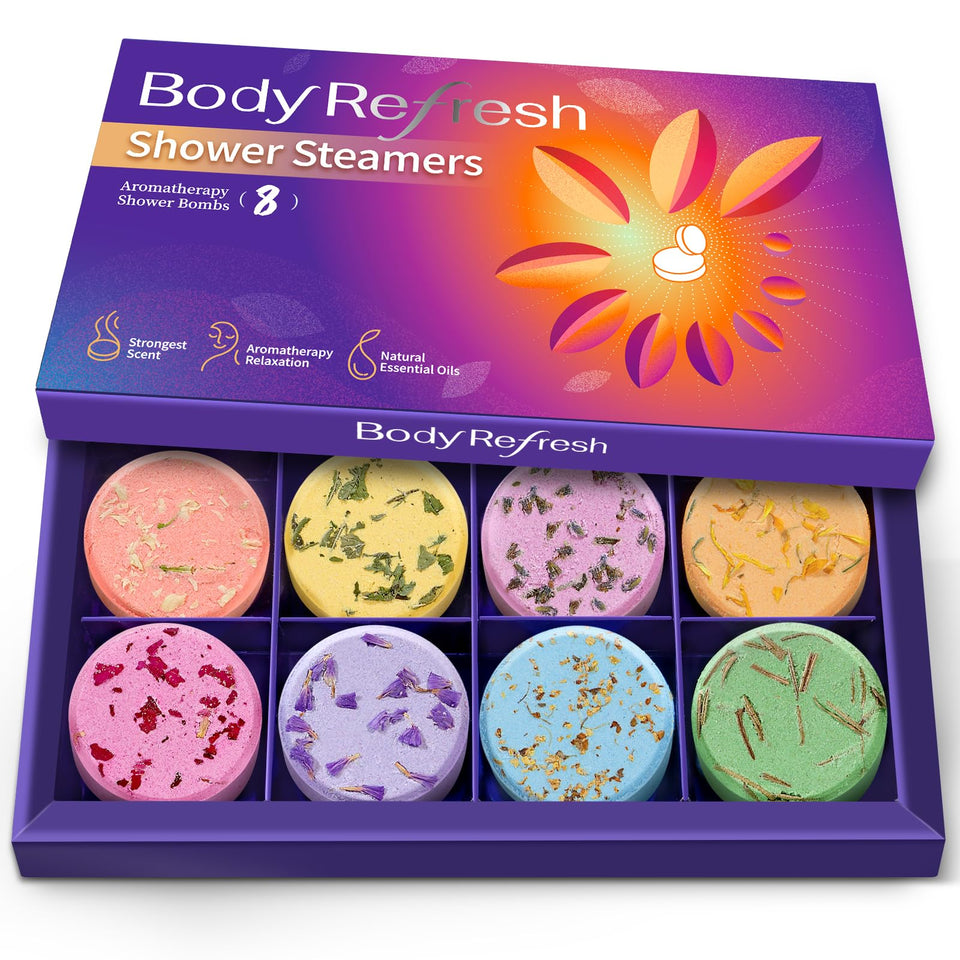 BodyRefresh front packaging showing eight individually wrapped shower steamers, perfect for gifting