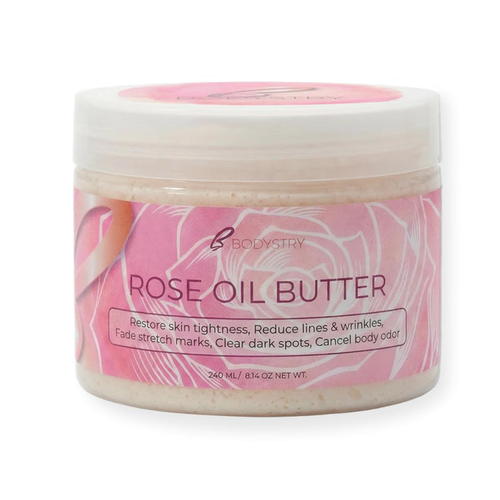 Bodystry rose oil butter front jar showing label and 300ml size for long-lasting hydration