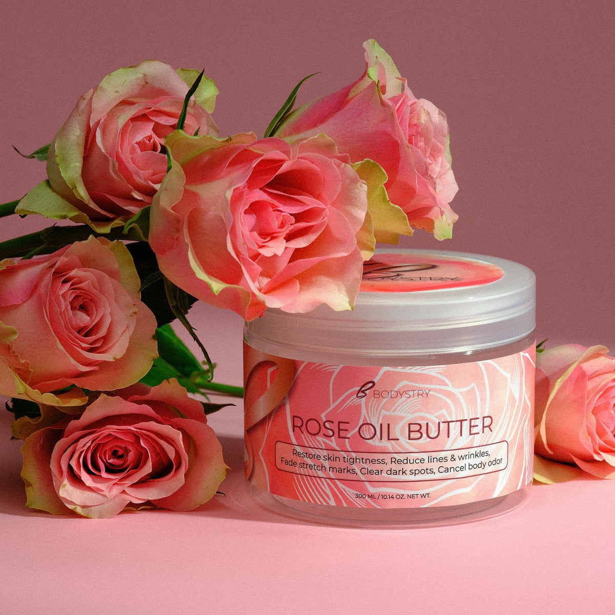 Bodystry rose oil butter staged in a bathroom setting suggesting daily post-shower indulgence