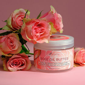 Bodystry rose oil butter staged in a bathroom setting suggesting daily post-shower indulgence