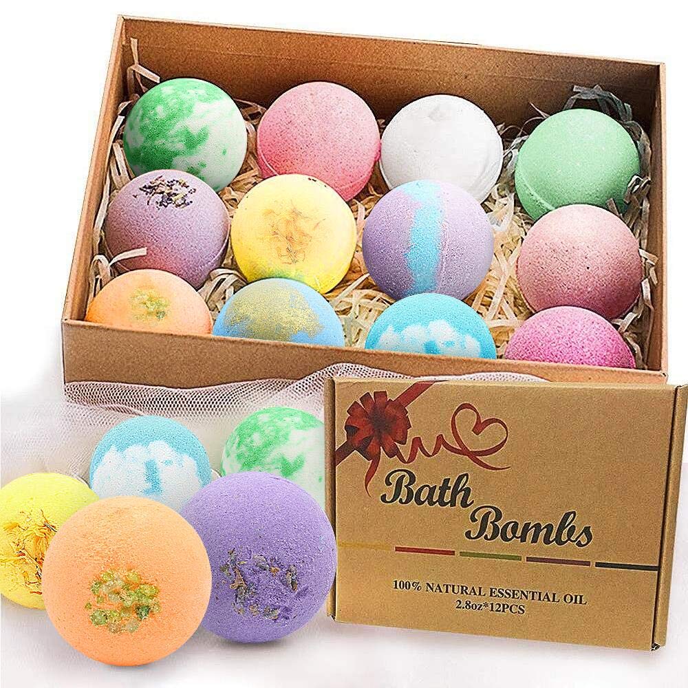BOENFU front packaging box showing 12 bath bombs and gift presentation benefit relaxation