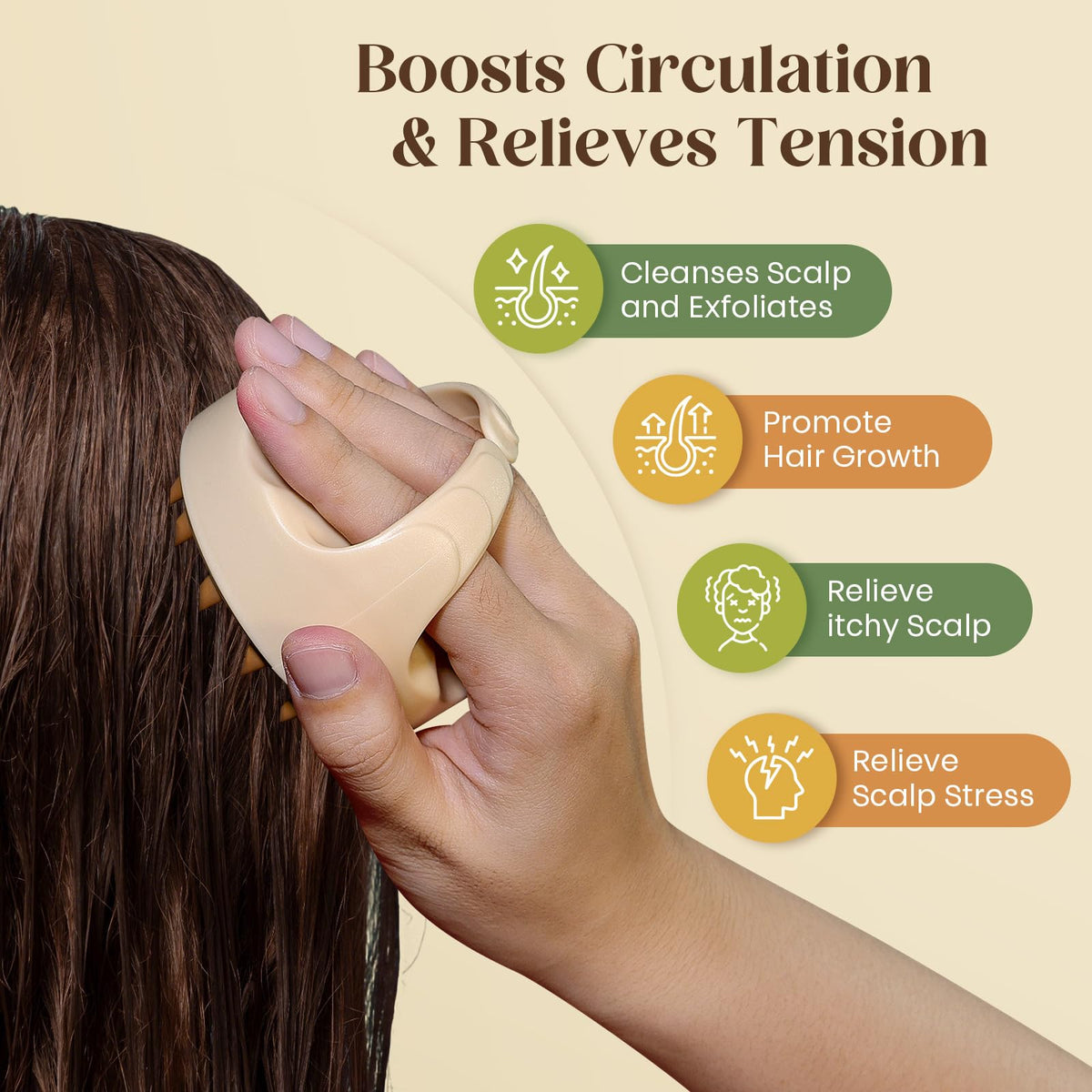 Bofuoos oil applied to scalp with massager to distribute oil and reduce flakiness