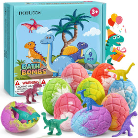 bofuoos front packaging showing colorful dinosaur bath bomb set and gift-ready box