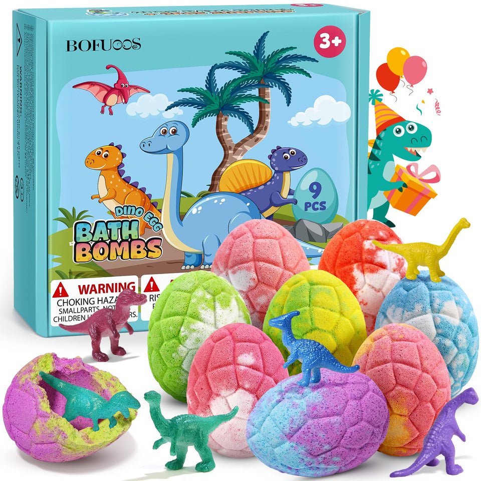 bofuoos front packaging showing colorful dinosaur bath bomb set and gift-ready box