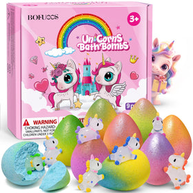 Bofuoos front packaging showing colorful unicorn bath bombs and gift-ready box