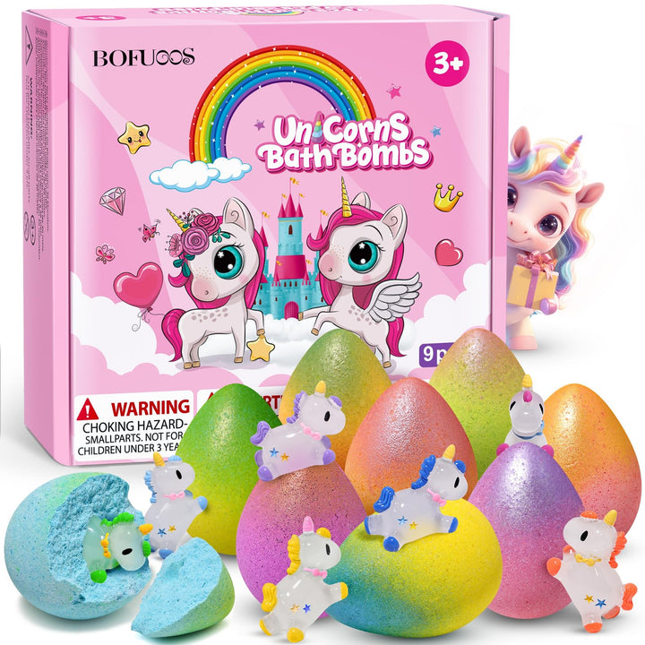Bofuoos front packaging showing colorful unicorn bath bombs and gift-ready box