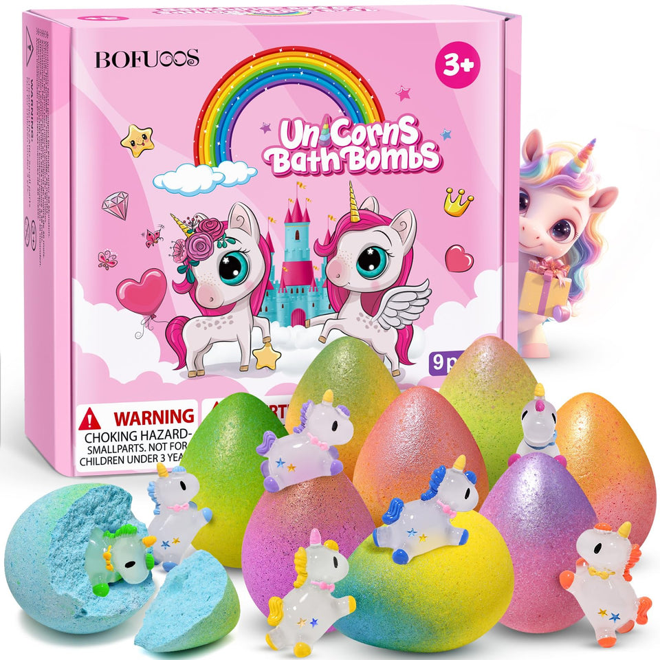 Bofuoos front packaging showing colorful unicorn bath bombs and gift-ready box