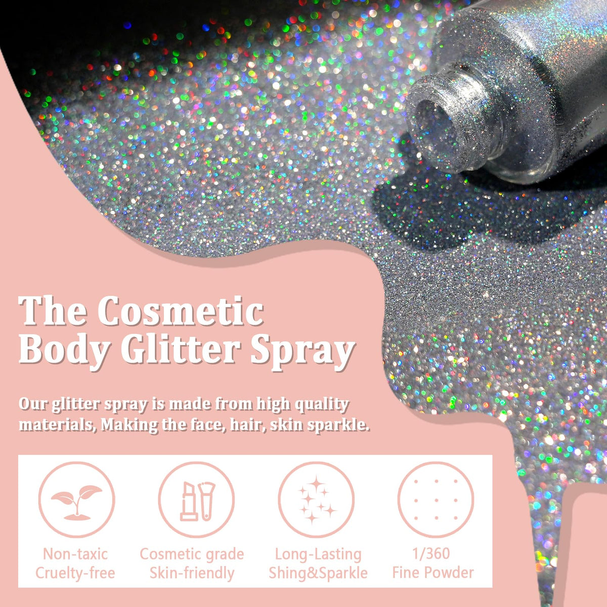 Boko nozzle close-up and glitter texture, shows precise mist for controlled application
