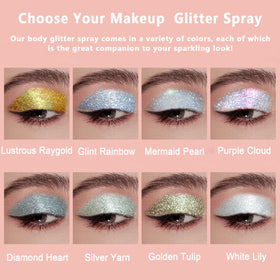 Model spraying Boko glitter on arm, brand sparkle adds visible stage-ready shine