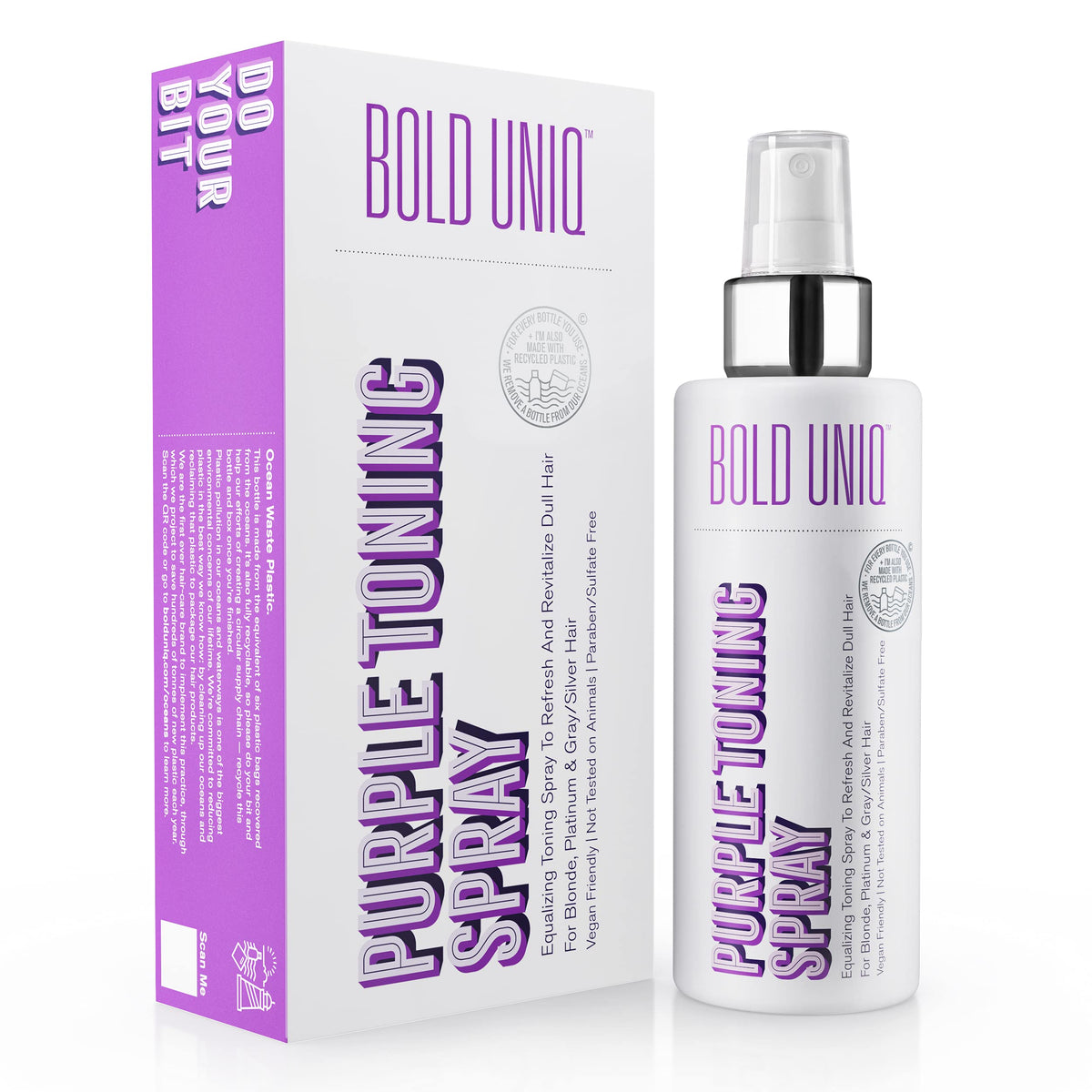 BOLD UNIQ front packaging showing toner spray and clear label, promotes quick brass control