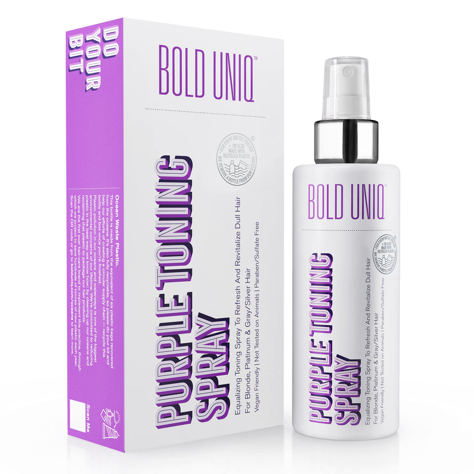 BOLD UNIQ front packaging showing toner spray and clear label, promotes quick brass control