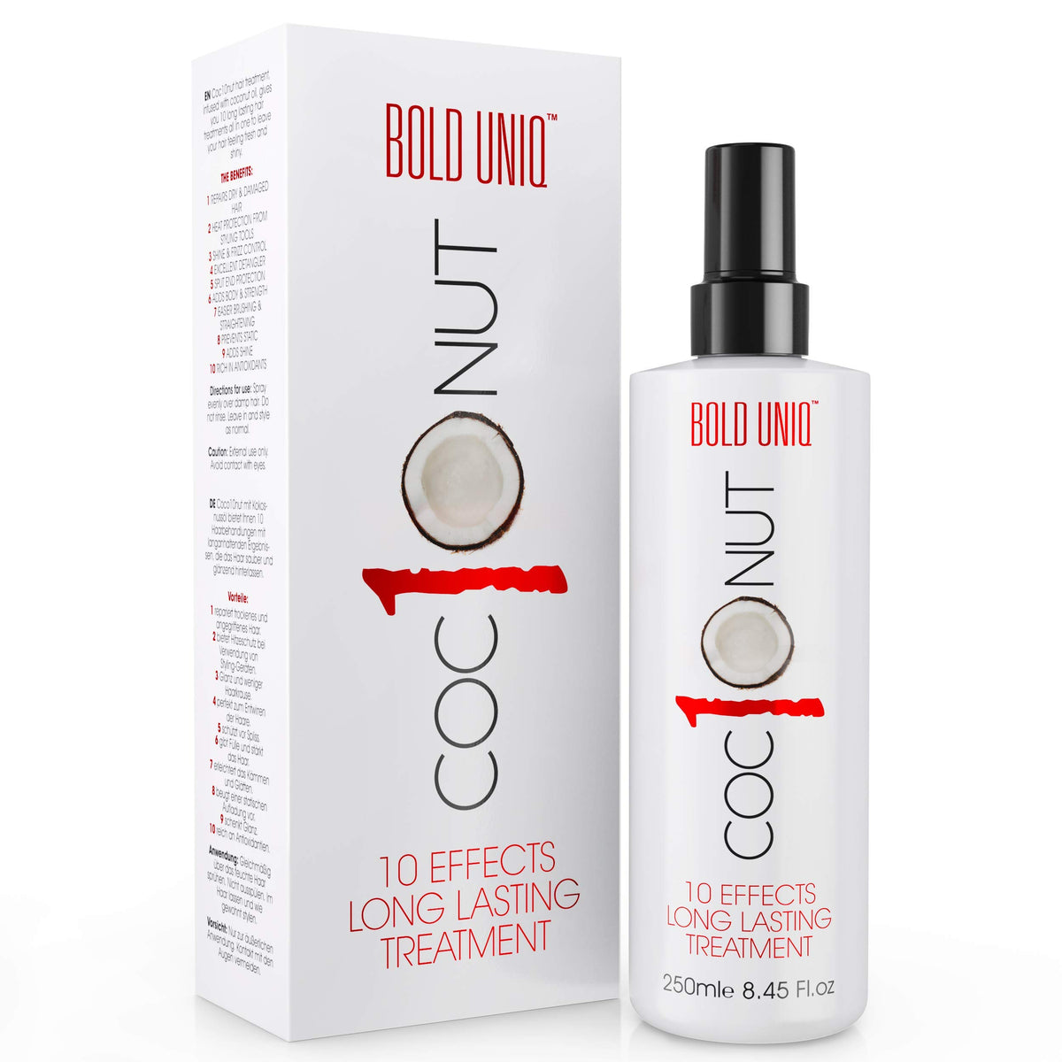 BOLD UNIQ bottle front view showing label and heat protection claim for easy identification