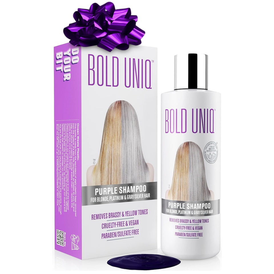 BOLD UNIQ front bottle showing purple shampoo and logo for easy identification and use