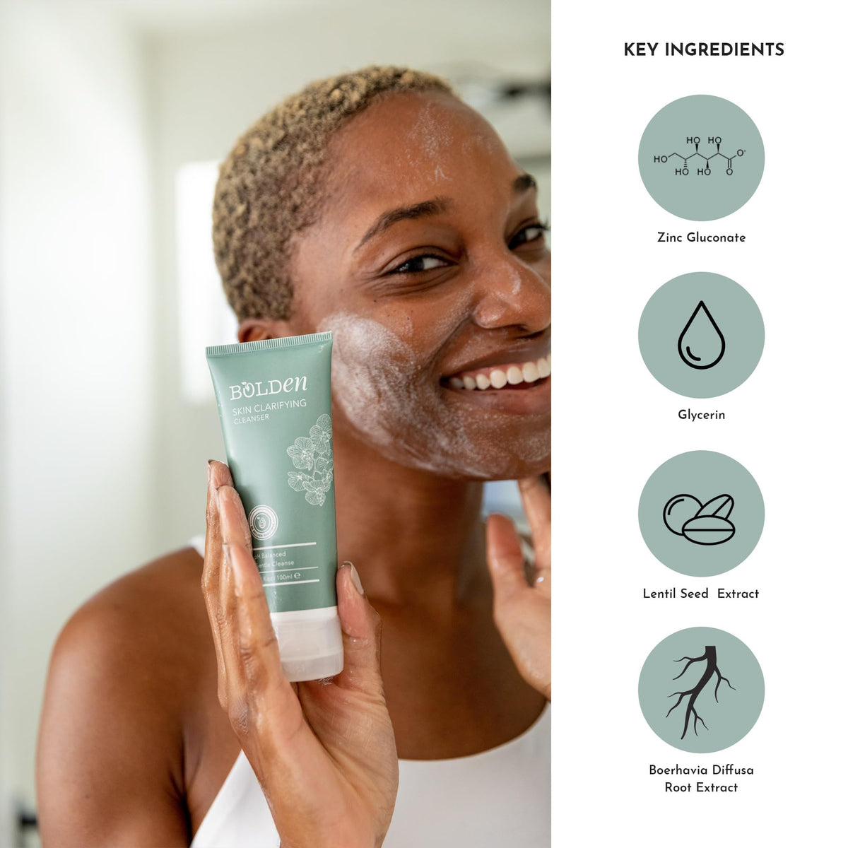 BOLDEN foam on hand illustrating gentle lather that lifts oil and makeup